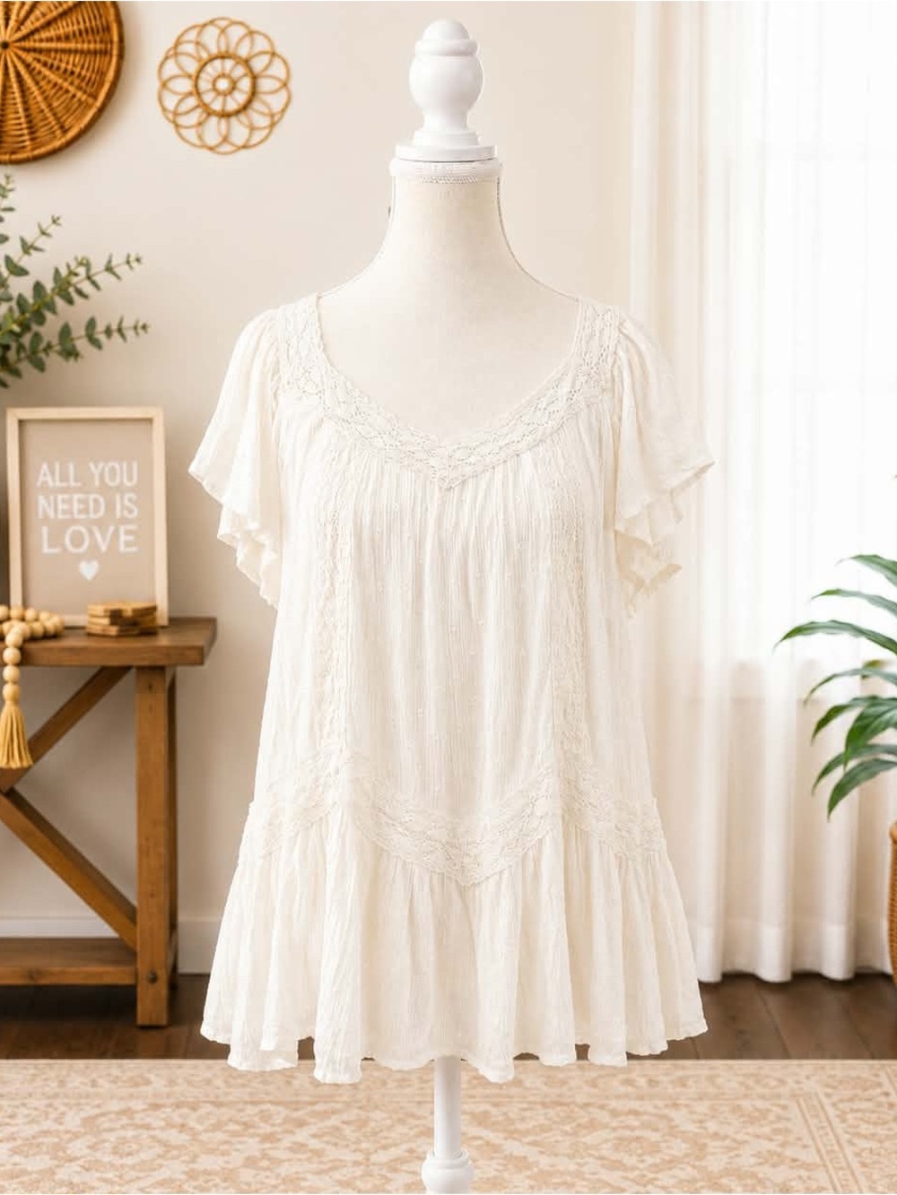 Angie Ivory Lace-Trim Flutter Sleeve Tunic